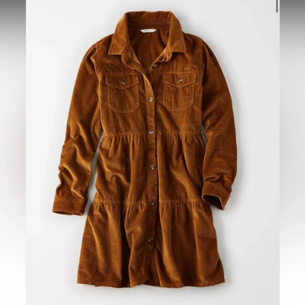 AE Corduroy Button-Up Babydoll Shirt Dress EUC M